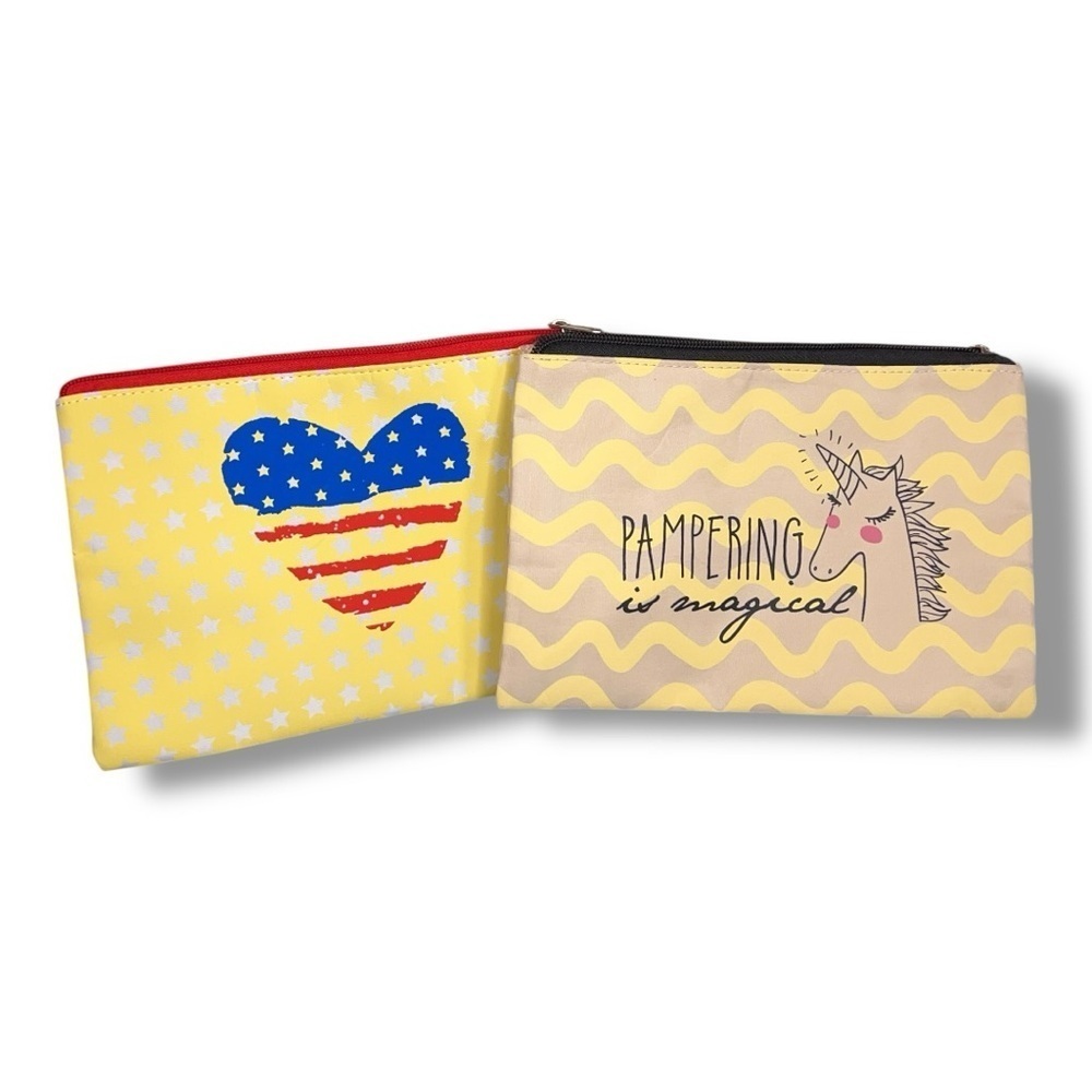 Set Of Two Makeup Bags Perfectly Posh Yellow Travel Cosmetic Storage Unicorn